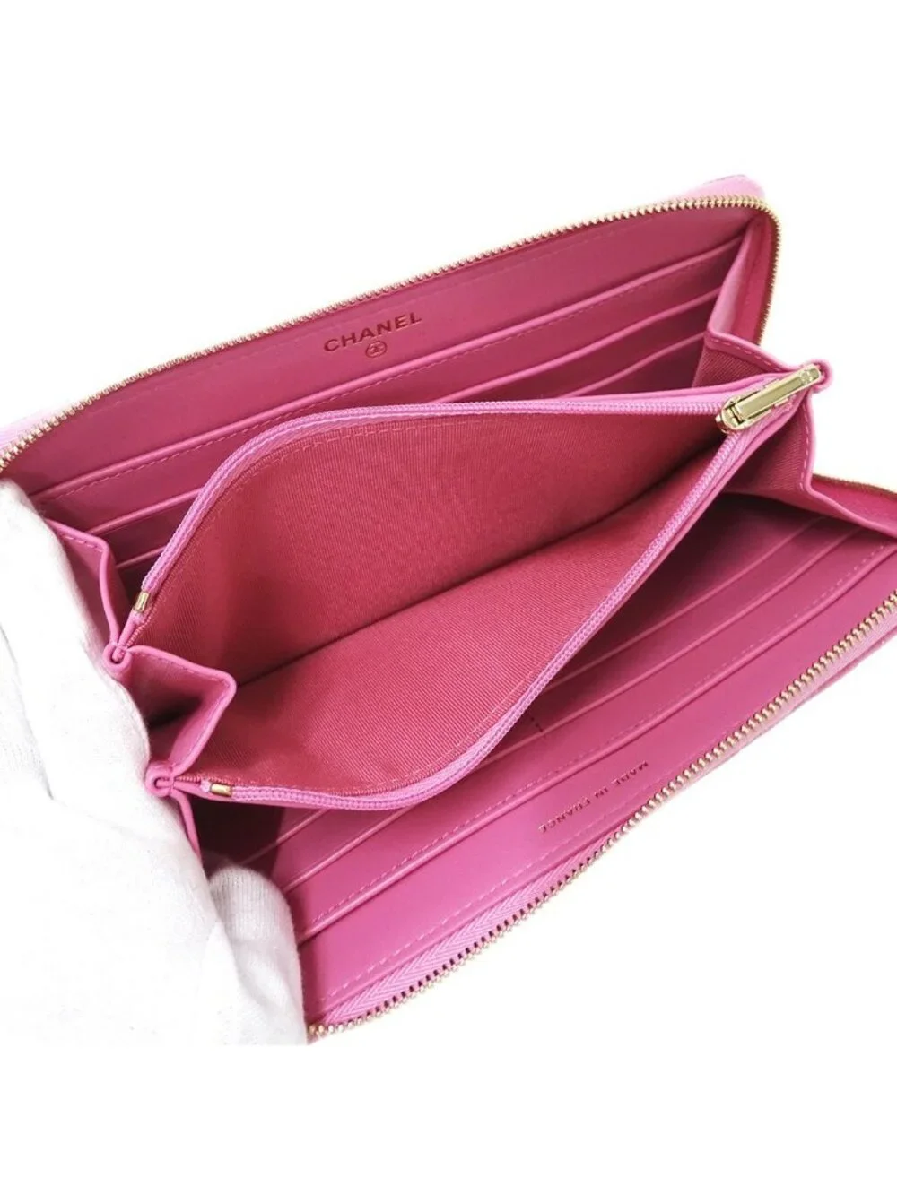 Chanel Wallet Quilted Chief Caviar Leather Pink Gold Zip Around
